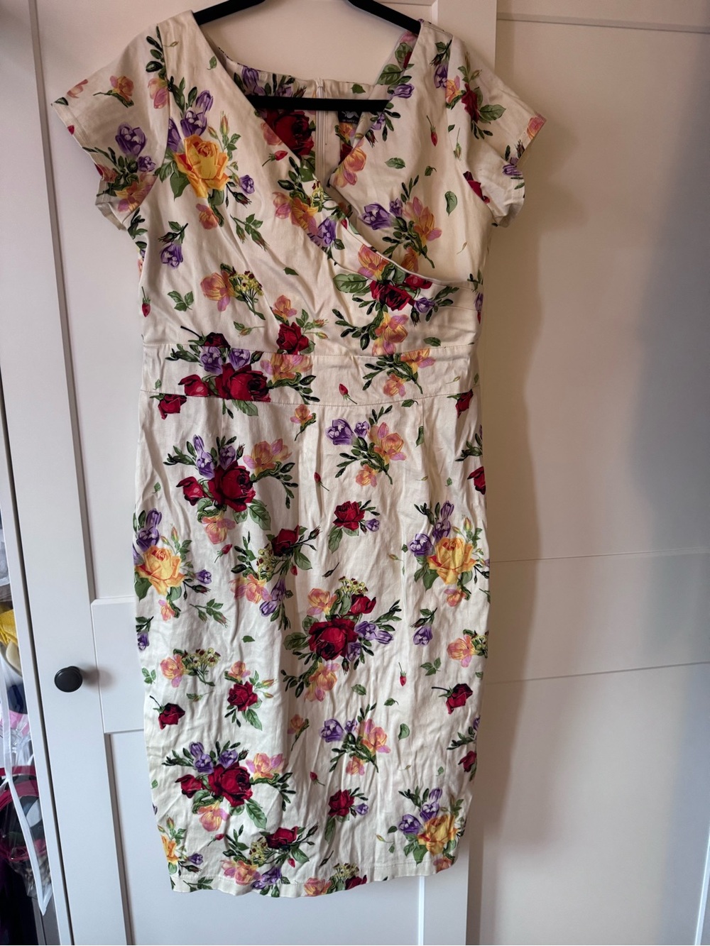 Floral Wrap-Front Cream Midi Dress with Multi-Colored Blooms UK20